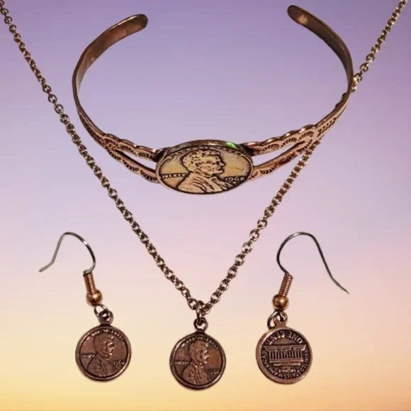 📣 Copper Penny Lincoln Mini 1964 Necklace & Dangle ER & Cuff REAL Penny 1968 🎁